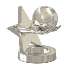 Silver trophy with star, hands and basket ball