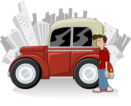 Cartoon man with old red car and city on the background
