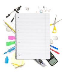 Notepad with lots of office objects