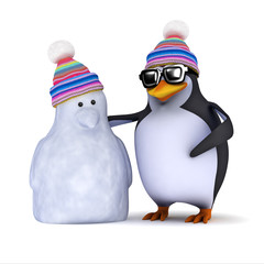 3d Penguin and his snowman pal