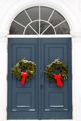 Wreaths on Door with Snow