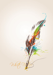 Pen in the form of the bird's feather on the beige background - 28610267