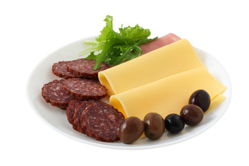 Cheese with ham, olives and sausages
