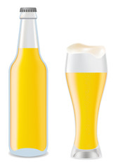 Beer in glass and transparent bottle of beer