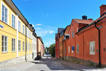 Fototapeta na wymiar Cozy sunny street of Uppsala. Sweden