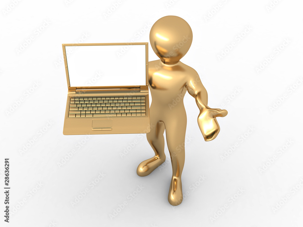 Poster man with laptop on white isolated background