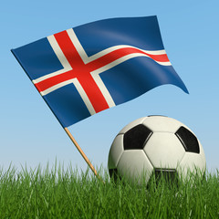 Soccer ball in the grass and flag of Iceland.