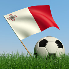 Soccer ball in the grass and the flag of Malta
