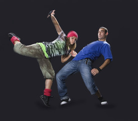 Teenagers dancing breakdance in action