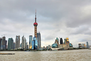 Shanghai the pearl tower and Pudong skyline at sunset.