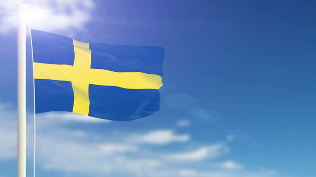 Sweden flag waving. Sky background. Seamless loop.
