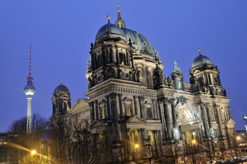 Colorful Berlin Cathedral and television tower at night
