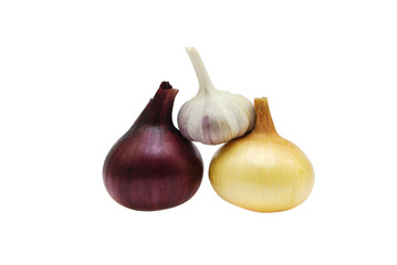 Onions and garlic on a white background