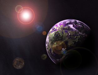 ilustracion  del espacio con estrellas ,planetas y la tierra © C.Castilla