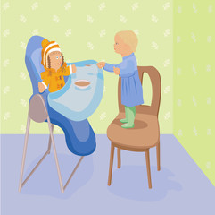 Obraz na płótnie Canvas Child feeds a doll in highchair
