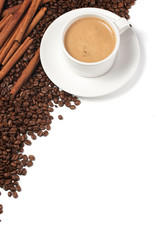 cappuccino coffee beans and cinamon on white background