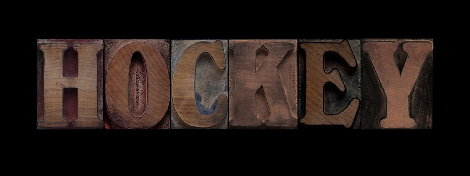 the word hockey in old letterpress wood type
