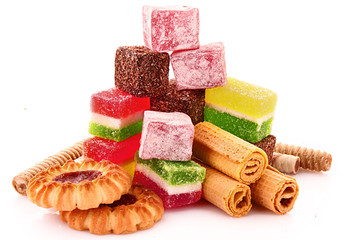 colorful candies jelly on yellow background