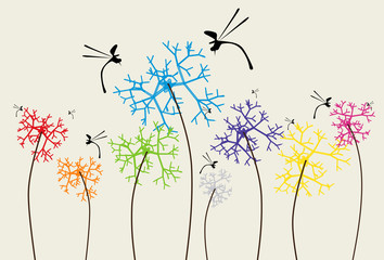 Decorative card with color flower and dragonfly