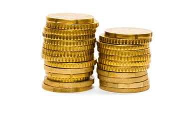 Piles of euro coins isolated on white
