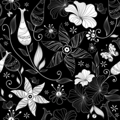 Crédence de cuisine en verre imprimé Fleurs noir et blanc Motif floral noir sans effort