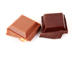 chocolate pieces on white background
