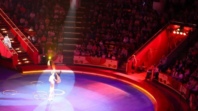 woman juggler carries out show with hoops in Circus