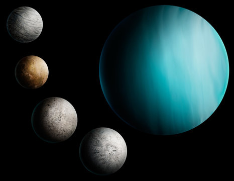 digital painting of the planet Uranus and 4 moons