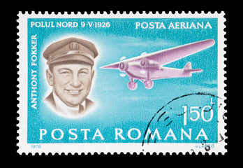 Romanian mail stamp featuring aviator Anthony Fokker