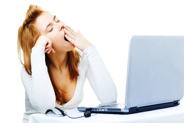 young  business lady over white frustrated with her computer