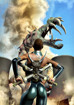futuristic warrior girl and monster