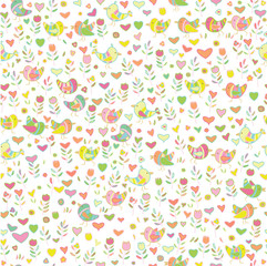 Seamless  cute  pattern, flowers and birds