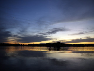Sunset on Lake with Crescent Moon