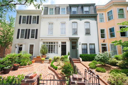 Tidy Second Empire Style Row Homes, Brick Path, Washington DC