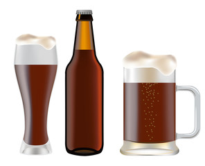 Beer in glass and mug dark bottle