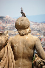 A pigeon on top of a statue overlooking Barcelona in Spain.