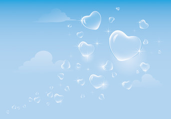 Heart shaped bubbles floating on the sky.