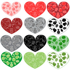 set of 12 fruits hearts. vector