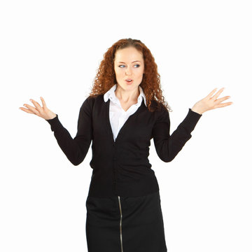 Surprized young woman on white background