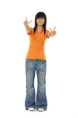 casual woman standing isolated showing victory hand sign