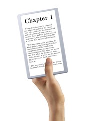 E-book wth text held in a female hand