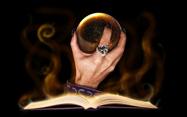 Wizard and book with crystal ball