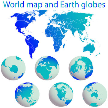 world map and earth globes