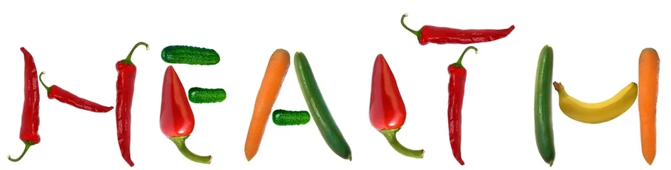 Fotobehang Verse groenten Gezondheid geschreven met groenten en fruit