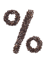 simbolo della percentuale realizzata con chicchi di caffè