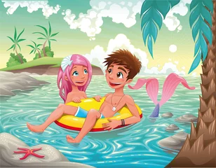 Poster Jongen en zeemeermin in de zee. Vector illustratie. © ddraw