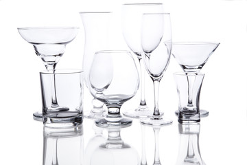 Collection of various glasses over white background