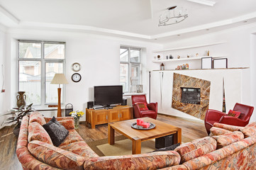 Modern art deco style drawing-room interior with fireplace and T