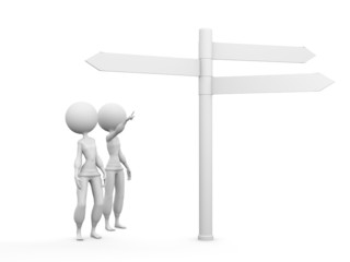 Two figurine on white background with choice and direction signs