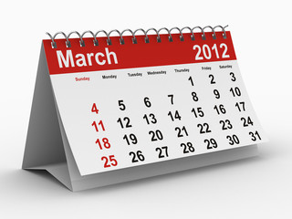 2012 year calendar. March. Isolated 3D image